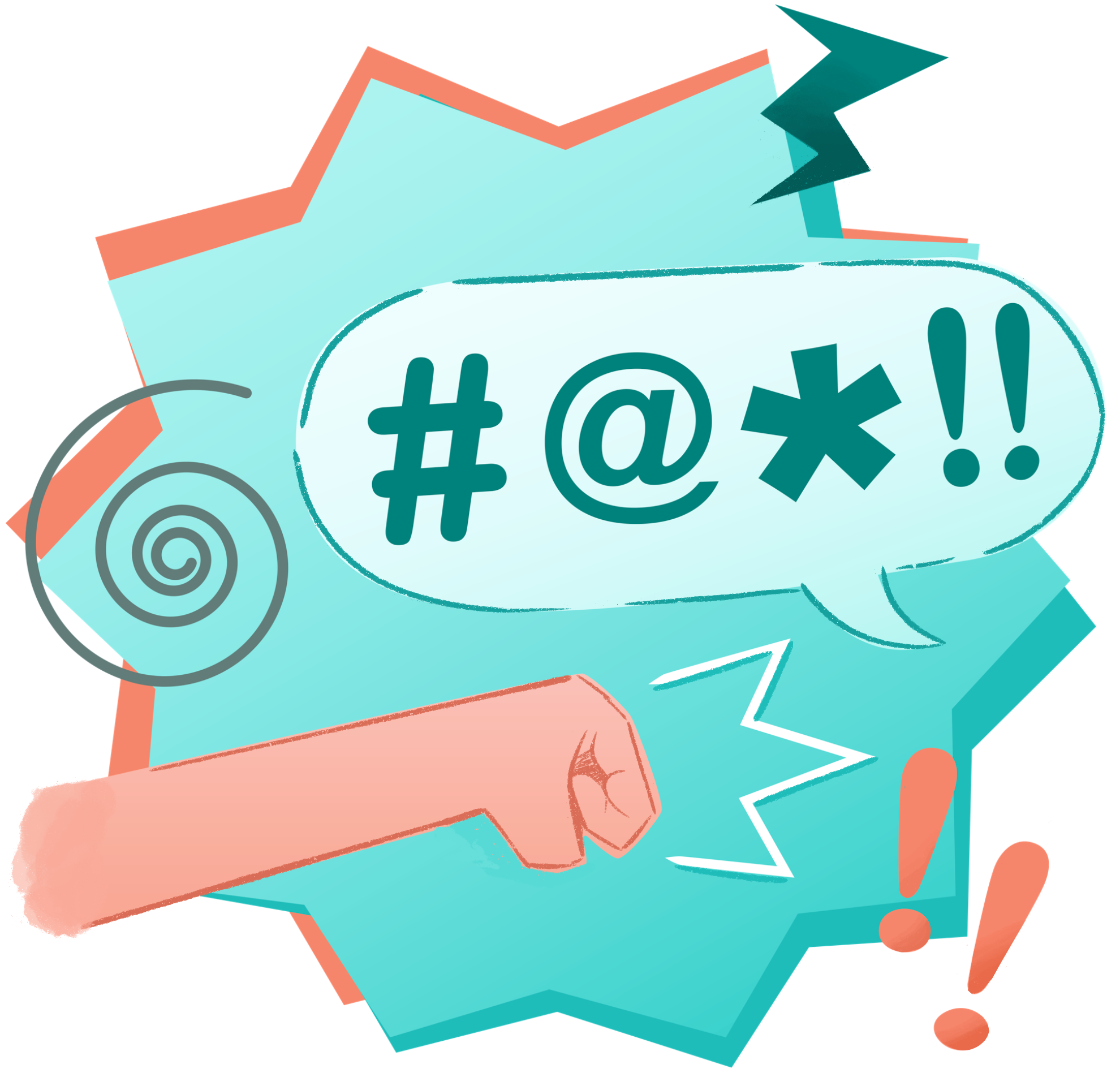 A spikey air bubble containing a fist that looks like it is about to punch someone and a speech bubble that says "#@*!!" to indicate swearing or hate speach.