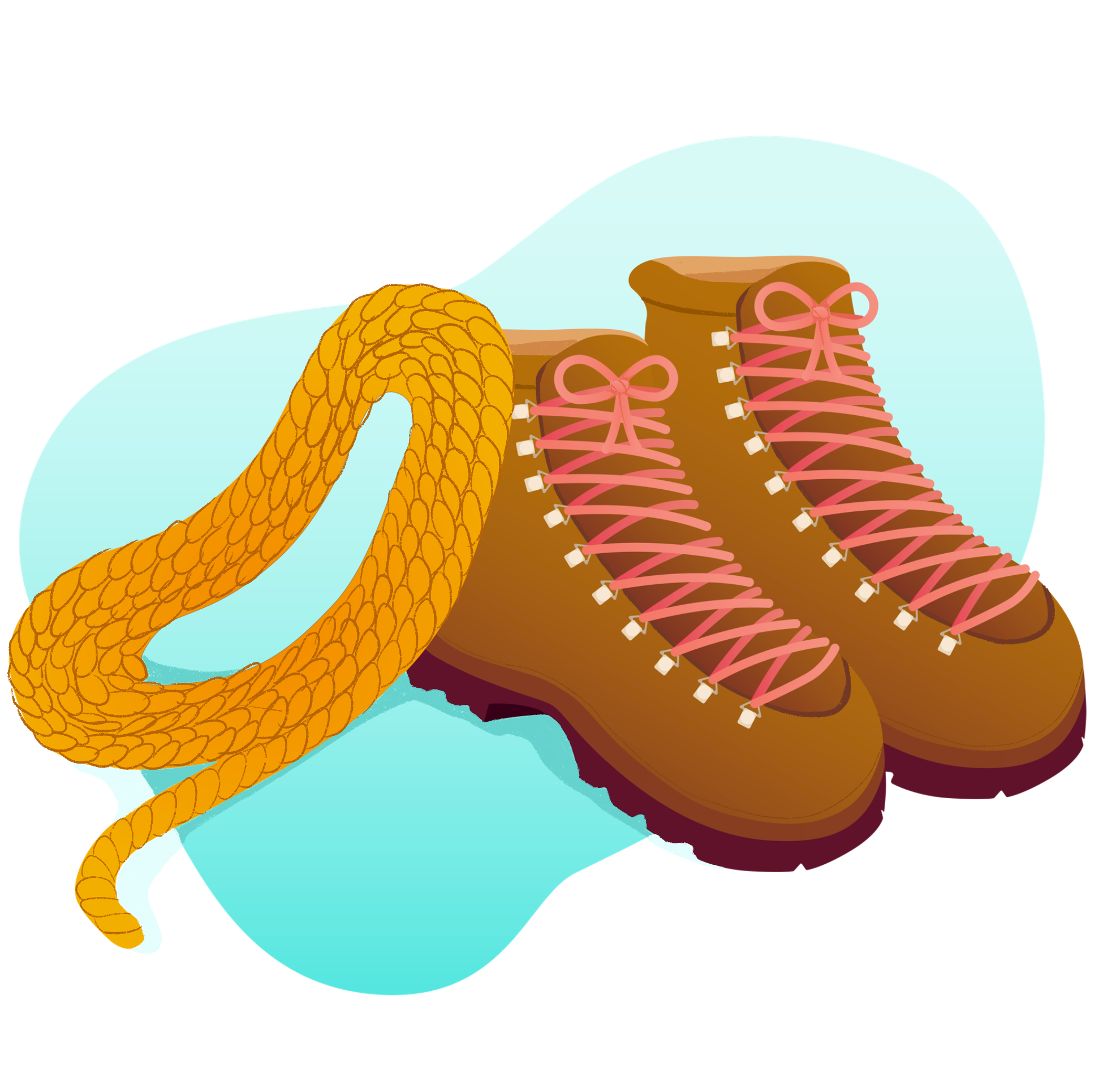 A climbing rope and hiking boots