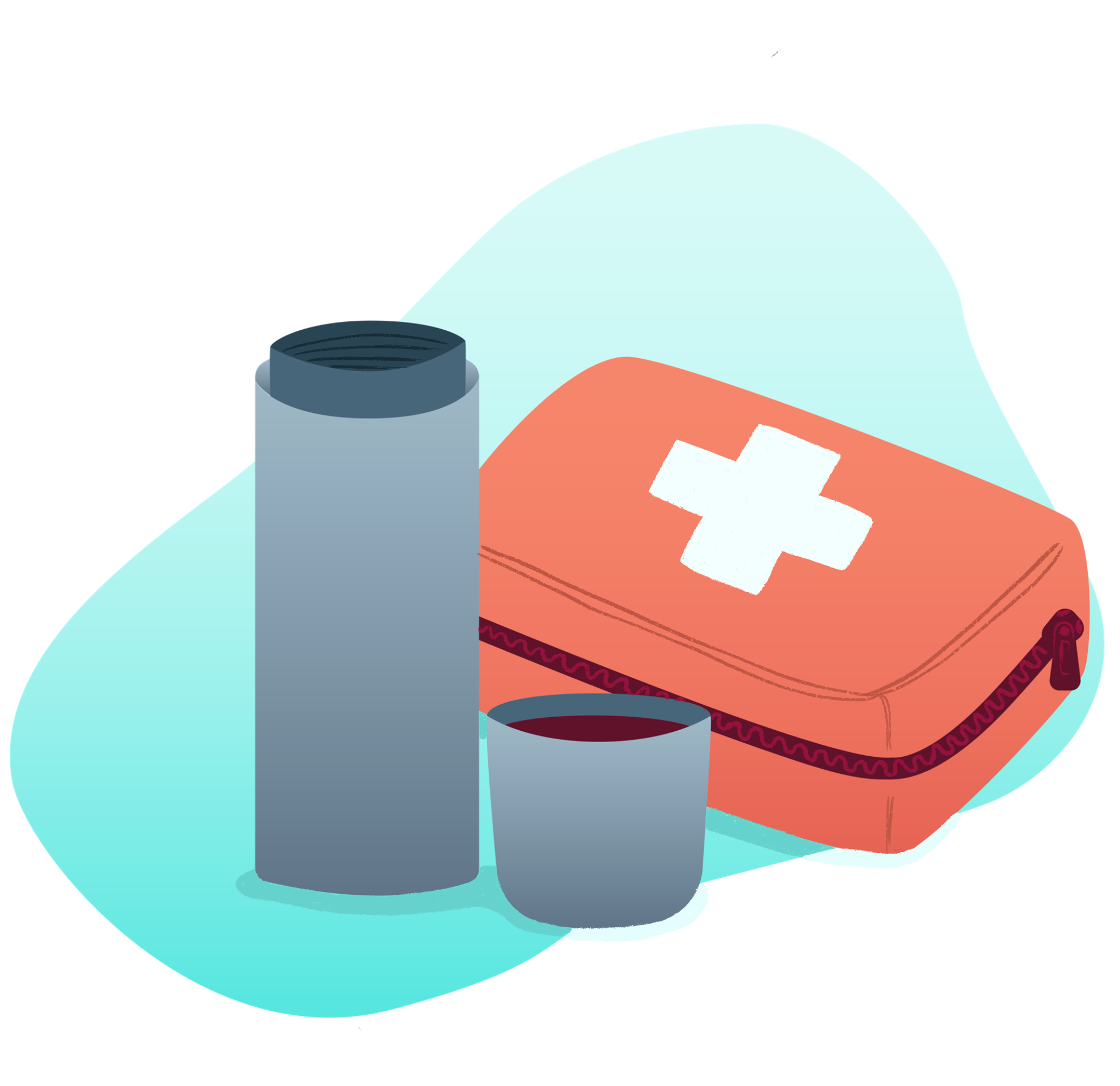 A thermos of hot tea and a first aid kit.