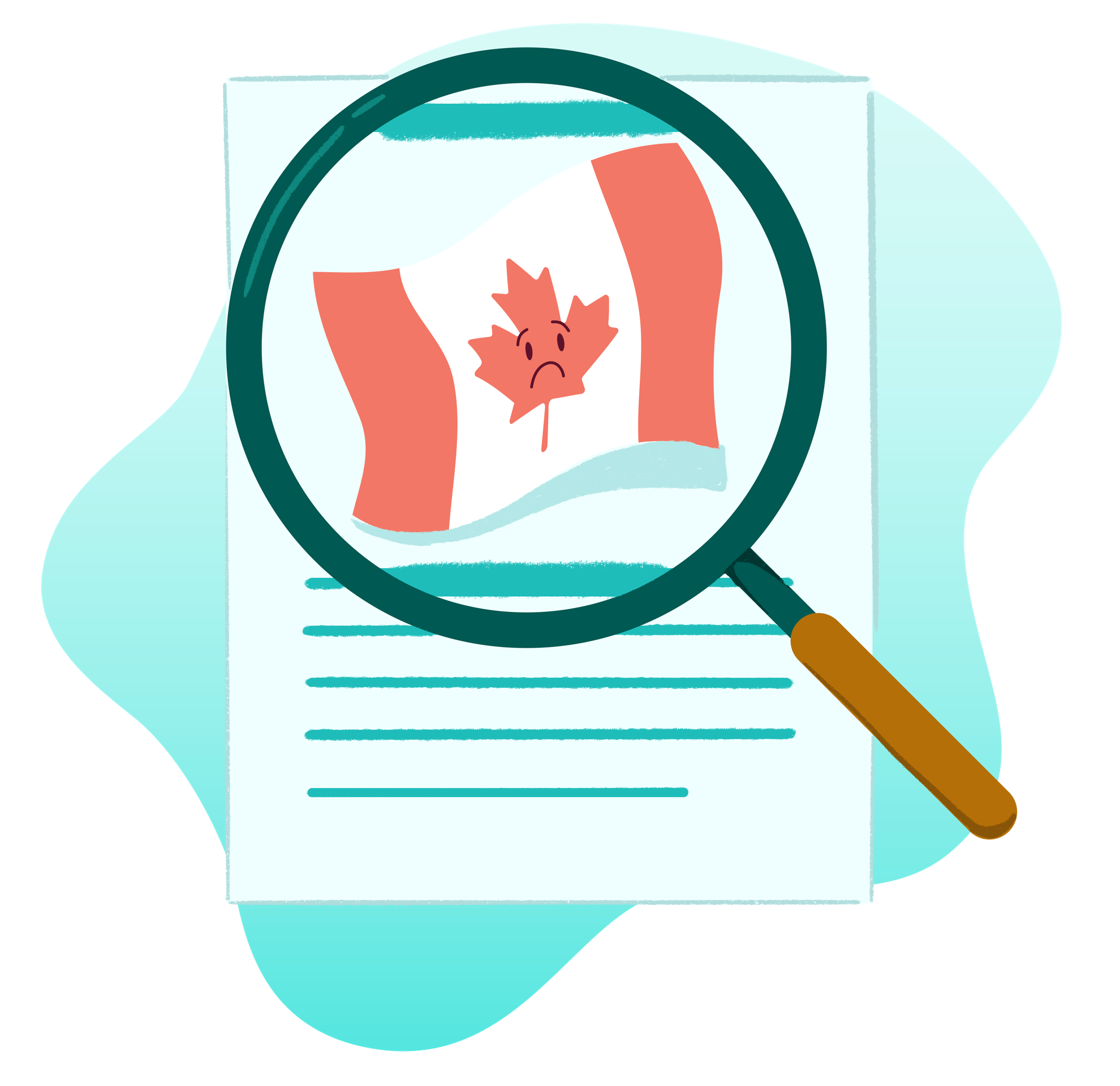 A magnifying glass is over a piece of paper. In the magnifying glass is a Canadian Flag where the maple leaf in the flag has a distressed/sad face.