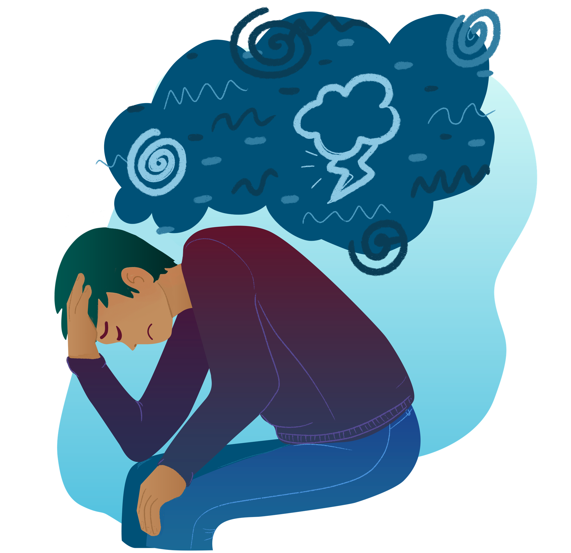 A man with light brown skin is resting his head in his hands looking depressed. Above him is a thought bubble that is filled with negative symbols, such as thunder cloud and swirl.