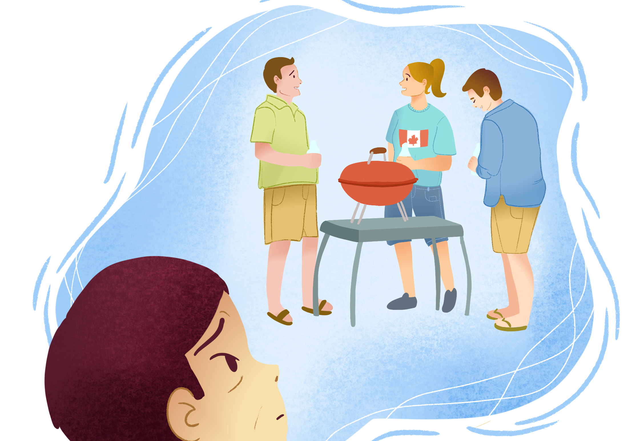 An Asian woman is looking at a group of white people standing around a BBQ. She has a pained look on her face because she is being excluded.