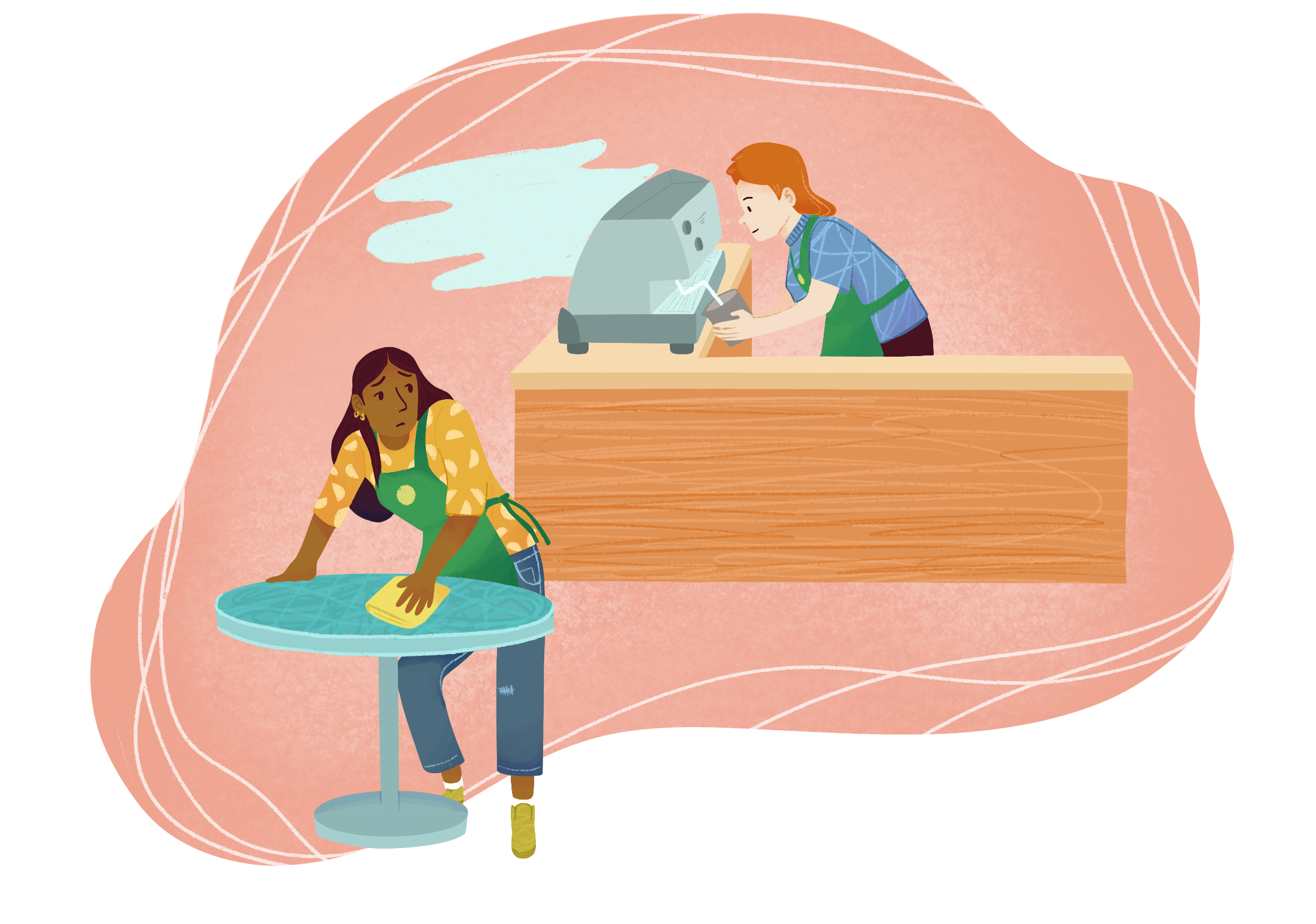 Grace, who has dark brown skin and long black hair, is cleaning a table at a coffee shop. She has a pained expression on her face as she looks behind her at her co-worker. Her co-worker, who is white, is steaming milk on a coffee machine.
